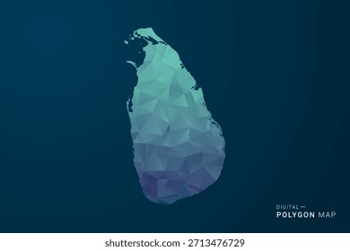 Mapa de Sri Lanka - Ilustración vectorial de estilo polígono con degradado azul azulado, diseño geométrico de bajo poli, inspirado en la Tecnología digital y silueta limpia sobre fondo oscuro.