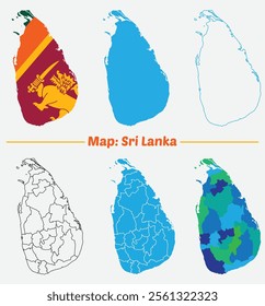 Sri Lanka Map set. blue map of sri lanka with high detailed region and stroke outline map.