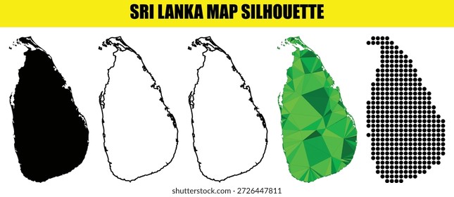 Sri lanka map silhouette graphics set featuring solid black and contour lines and triangular mosaic and circle dot styles for south asian island geography and tourism and design projects