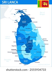 Sri Lanka Map Vector Blue Spot - Customizable layered political map of Sri Lanka with administrative divisions for website, education, reports, news, politics, print, poster and wallpaper