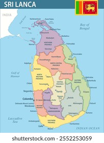 Mapa do Sri Lanka Vetor Novo 2024 Colorido - Mapa político em camadas personalizável do Sri Lanka com divisões administrativas para o site, educação, relatórios, notícias, política, impressão, cartaz e papel de parede