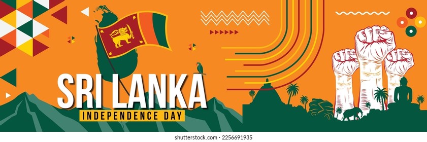 Sri lanka national day banner for independence day with Text, srilankan flag theme colorful icons and nature landscape. Abstract geometric banner for the national day of sri lanka Vector Design
