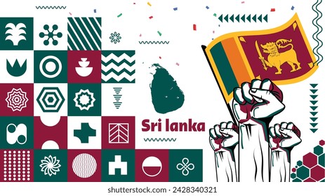 Sri lanka national day banner for independence day of srilanka. Abstract geometric banner for the national day of sri lanka in shapes of srilankan flag theme colorful icons and nature landscape