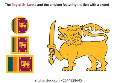 
Bandeira Nacional do Sri Lanka com Emblemas Separados de Leão e Espada - Projetado em Retângulo, Quadrado e Formas de Círculo - Fundo Transparente