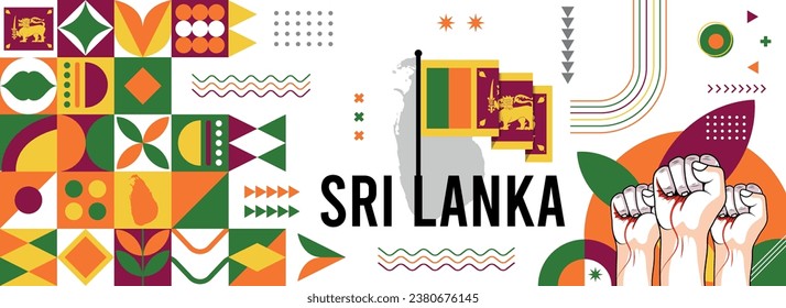 Sri Lanka national or independence day banner design for country celebration. Flag and map of Sri Lanka with raised fists. Modern retro design with abstract geometric icons. Vector illustration.	
