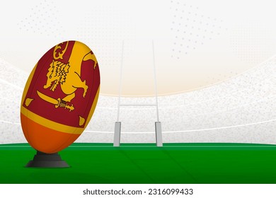 Selección nacional de rugby de Sri Lanka en estadio de rugby y puestos de gol, preparándose para un penal o patada libre. Ilustración vectorial.