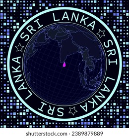 Sri Lanka on globe vector. Futuristic satelite view of the world centered to Sri Lanka. Geographical illustration with shape of country and squares background. Bright neon colors on dark background.