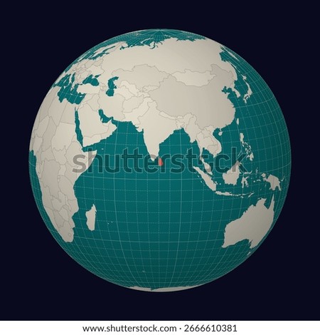 Sri Lanka on the map. Globe centered to Sri Lanka. Country location on the world map. Teal Pale Mint color palette. Globe with countries, meridians and parallels. Elegant vector illustration.