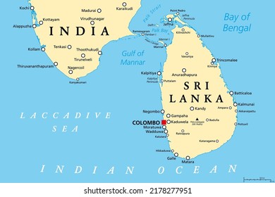 Sri Lanka and part of Southern India, political map. Democratic Socialist Republic of Sri Lanka, formerly known as Ceylon, island country in South Asia and Indian Ocean, with de facto capital Colombo.