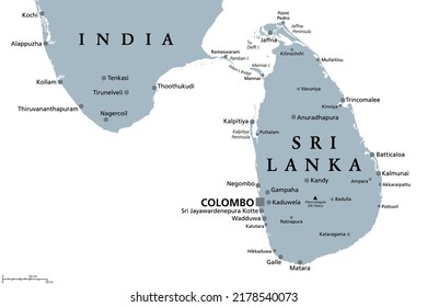 Sri Lanka and part of Southern India, gray political map. Democratic Socialist Republic of Sri Lanka, the formerly Ceylon, island country in South Asia and Indian Ocean, with de facto capital Colombo.