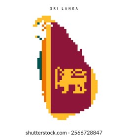 Sri Lanka pixel flag map icon. 8 bit pixel art Sri lankan map covered with flag. Flat vector illustration isolated on white background.