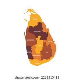 Sri Lanka political map of administrative divisions - provinces. Flat vector map with name labels. Brown - orange color scheme.