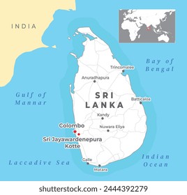 Sri Lanka Political Map with capital Colombo and Sri Jayawardenepura Kotte, most important cities