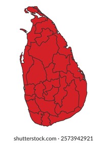 Sri Lanka red map with border of regions outline vector
