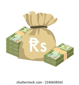 Sri Lanka Rupee Vector Illustration. Sri Lanka money set bundle banknotes. Money bag 1000 Rs. Flat style. Isolated on white background. Simple minimal design.