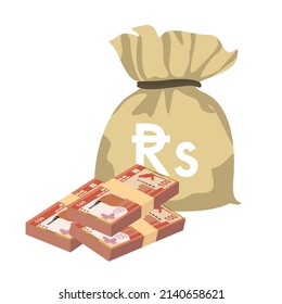 Sri Lanka Rupee Vector Illustration. Sri Lanka money set bundle banknotes. Money bag 100 Rs. Flat style. Isolated on white background. Simple minimal design.