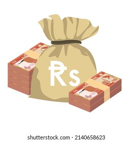 Ilustración del vector de rupias de Sri Lanka. Dinero de Sri Lanka pone billetes en paquete. Bolsa de dinero de 100 Rs. Estilo plano. Aislado sobre fondo blanco. Diseño sencillo y mínimo.