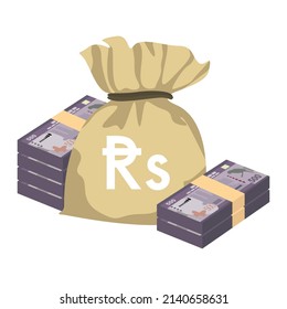 Sri Lanka Rupee Vector Illustration. Sri Lanka money set bundle banknotes. Money bag 500 Rs. Flat style. Isolated on white background. Simple minimal design.