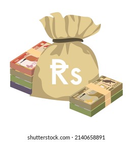Sri Lanka Rupee Vector Illustration. Sri Lanka money set bundle banknotes. Money bag 100, 500, 1000, 5000 Rs. Flat style. Isolated on white background. Simple minimal design.