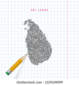 Sri Lanka sketch scribble vector map drawn on checkered school notebook paper background