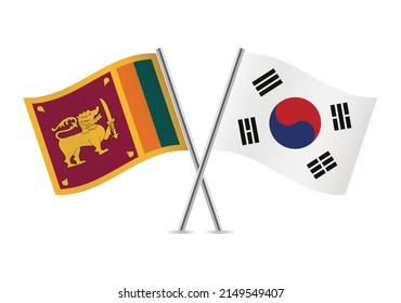 Sri Lanka and South Korea crossed flags. Sri Lankan and South Korean flags on white background. Lion flag. Sinha Flag. Vector icon set. Vector illustration.