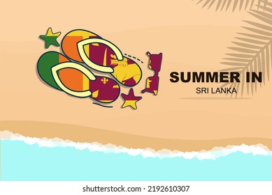 Sri Lanka summer holiday vector banner, beach vacation concept, flip flops sunglasses starfish on sand, copy space area, Sri Lanka summer travel and tourism idea with flag