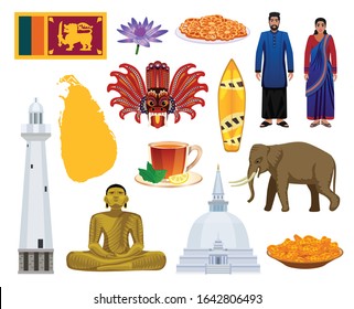 Sri lanka symbols tourist attractions  culture food landmarks clothing colorful set with elephant lighthouse flag vector illustration         