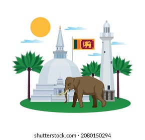 Sri Lanka Tourism Composition With View Of Ancient Temple Buildings With Trees Flag And Walking Elephant Vector Illustration