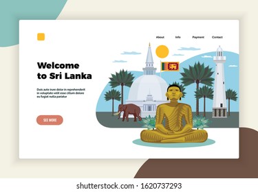 Sri lanka tourism concept landing page horizontal banner with meditation retreat statue elephant temple flag vector illustration 
