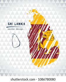 Sri Lanka vector map with flag inside isolated on a white background. Sketch chalk hand drawn illustration