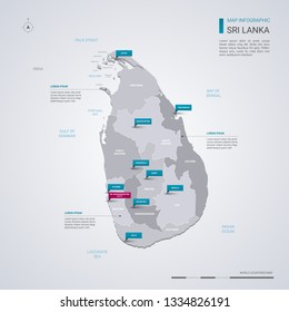 Sri Lanka vector map with infographic elements, pointer marks. Editable template with regions, cities and capital Sri Jayawardenepura Kotte. 