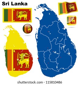Sri Lanka vector set. Detailed country shape with region borders, flags and icons isolated on white background.