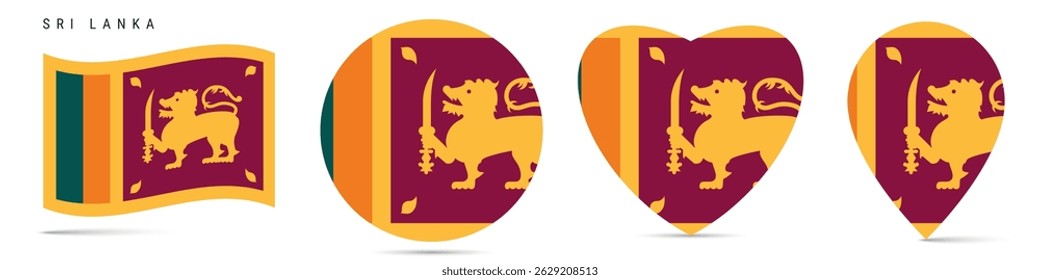 Sri Lanka bandeira de onda, círculo círculo etiqueta distintivo, ícone em forma de coração, pino do mapa. Botões da bandeira do Sri Lanka de diferentes formas. Ilustração vetorial isolada em branco.