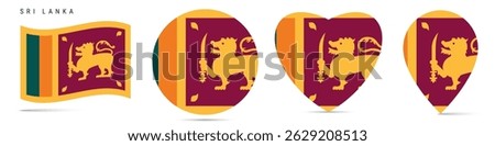 Sri Lanka waving flag, round circle sticker badge, heart shaped icon, map pin. Sri lankan flag buttons of different shapes. Vector illustration isolated on white.