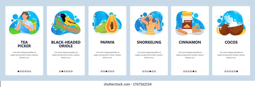 Sri Lanka website and mobile app onboarding screens. Menu banner vector template for web site and application development. Sri Lanka culture, food industry, tea, papaya, coconut, cinnamon production.