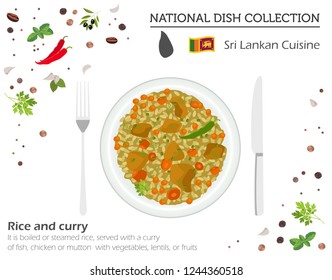 Sri Lankan Cuisine. Asian national dish collection. Rice and curry isolated on white, infograpic. Vector illustration
