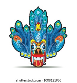 Sri Lankan Devil Dancing Mask With Peacock Vector Drawing