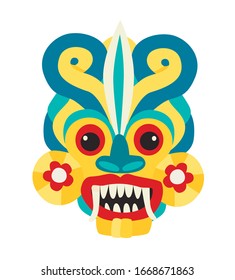 Sri Lankan devil dancing mask vector illustration. Sri Lanka landmarks vector ilustration.Ethnic traditional dancer spiritual mask colorful art sign.Scary horror face with teeth.Isolated icon on white