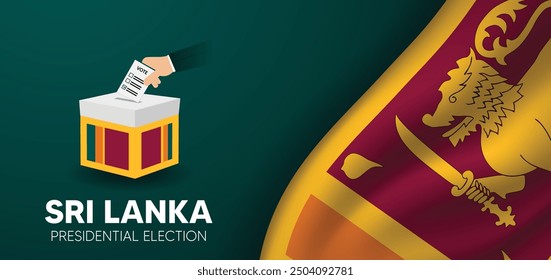 Sri Lankan presidential election hand putting vote in ballot box with waving flag vector poster