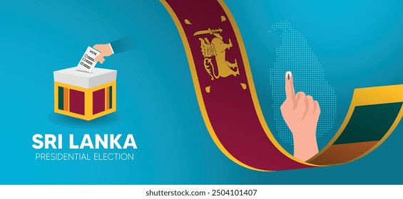 Sri Lankan presidential election hand putting vote in ballot box with waving flag vector poster