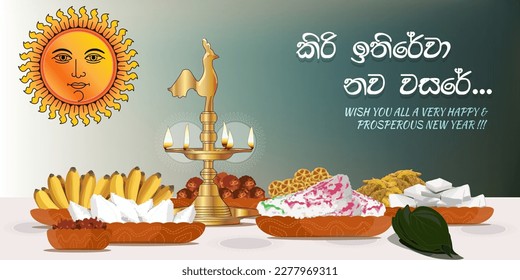 Sri Lankan Sinhala and Tamil New year. greetings poster, banner or card. New year sweets with oil lamp,  Betel nut, milk rice and sambal. new year sweet or food table. awurudu kema mesaya. 