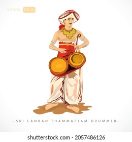 Arte de ilustración tradicional ceilandés, tambor de Thammattam en el programa de teatro Esala Perahera en Kandy, Sri Lanka. Ilustración del vector