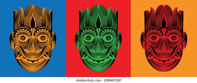 Sri Lankan Traditional Mask, Vector Line Art. Dancing Devil Mask,