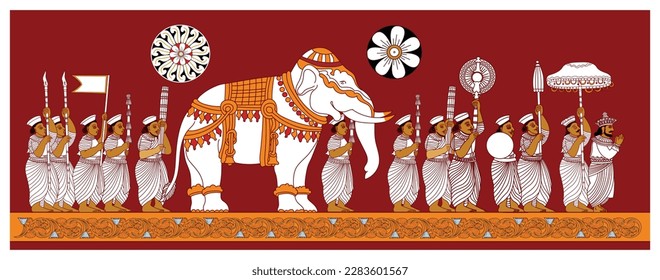 Sri Lankan traditional painting. The Kandy perahara. Vector illustration.