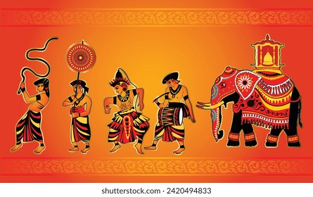 Pintura tradicional de Sri Lanka. Dibujo de la línea vector Kandy perahara