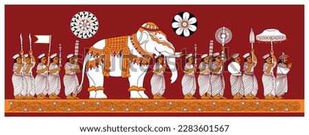 Sri Lankan traditional painting. The Kandy perahara. Vector illustration.