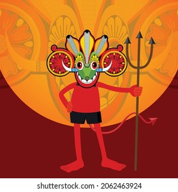 Sri Lankas traditioneller roter Gestaltungskünstler mit seiner Waffe, Yaka Maske Concept Cartoon Character
