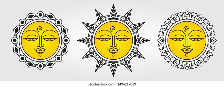 Sri Lankan Traditional Sun Face line art drawing.  South Asian antique style design. Sun and Moon faces ornaments. Sinhala Tamil new year elements. 