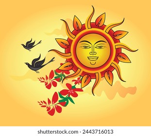 Sri Lankan Traditional Sun Face line art drawing. Sinhala and Tamil New Year element