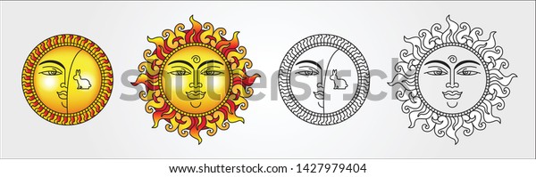 Sri Lankan Traditional Sun Face line art\
drawing.  South Asian antique style design. Sun and Moon faces\
ornaments. Sinhala Tamil new year elements.\
